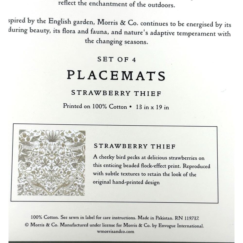 William Morris & Co Placemats Strawberry Thief Cotton Fabric 13x19 4 Sage Green - Picture 6 of 8